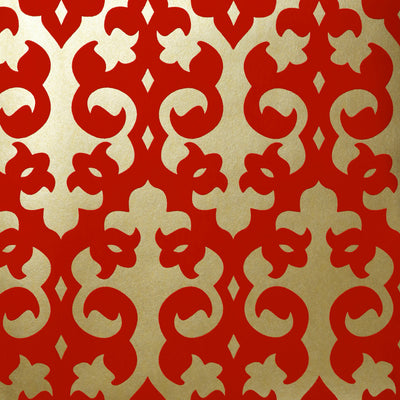 Grille Flocked Wallcovering - Scarlet & Champagne