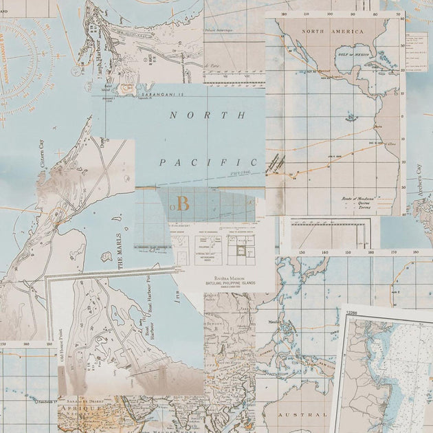 Collaged Maps Wallcovering - Natural | Astek