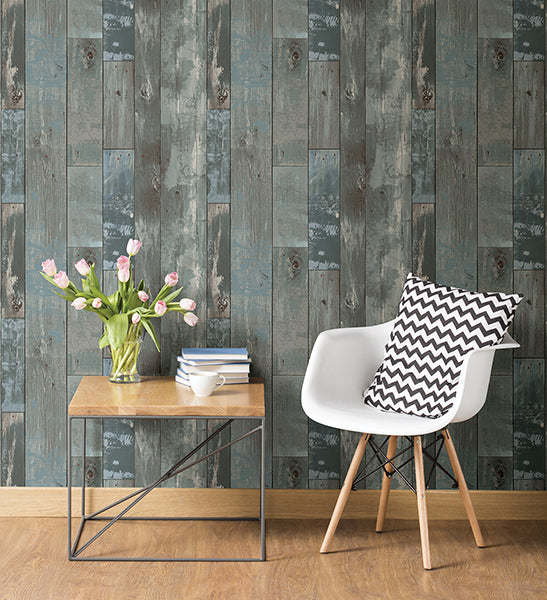 Deena Blue Distressed Wood Wallpaper