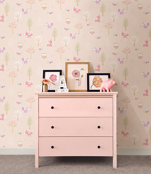 Forest Friends Pink Animal Wallcovering