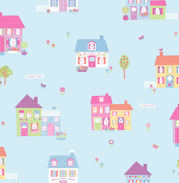 Happy Street Blue Houses Wallpaper