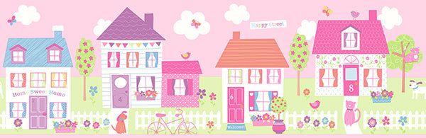 Happy Street Village Pink Border Wallpaper