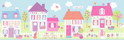 Happy Street Village Blue Border Wallpaper