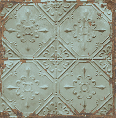 Tin Ceiling Teal Distressed Tiles Wallpaper Wallpaper