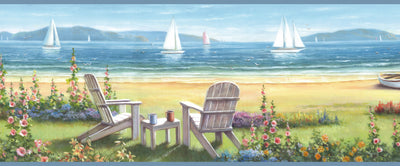 Regatta Blue Seaside Cottage Portrait Border Wallpaper