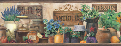 Marché Green Antique Herbs Portrait Border Wallpaper