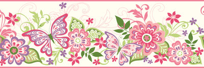 Kendra Pink Butterflies Blooms Trail Border Wallpaper