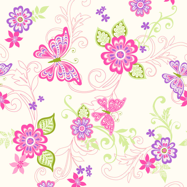 Paisley Pink Butterfly Flower Scroll Wallcovering