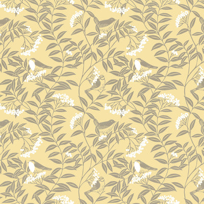 Birds in the Rowan Tree - Lemon Wallpaper