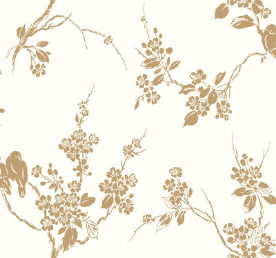 Imperial Blossoms Branch Wallpaper - Metallic Gold/White Wallpaper