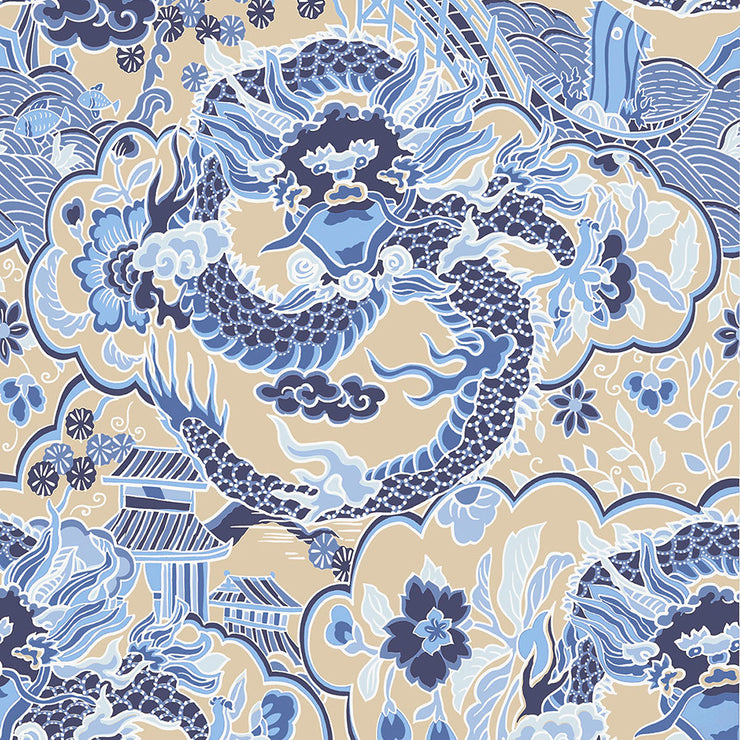 Imperial Dragon - Blue and Tan Wallpaper