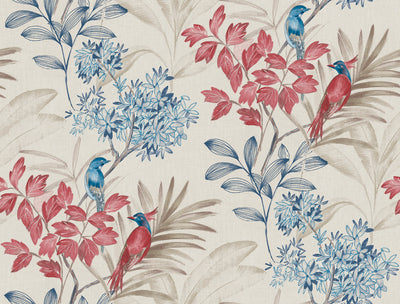Handpainted Songbird Wallpaper - Red/Blue Wallpaper